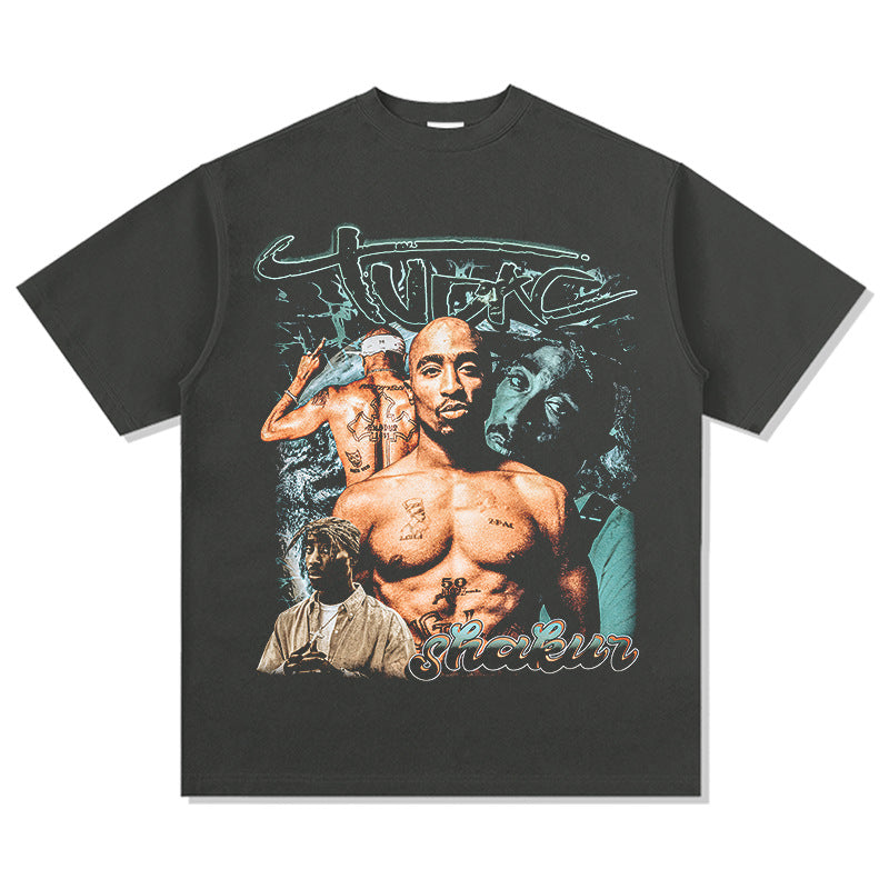Outfit streetwear vintage hip hop tupac print, short sleeve t-shirt