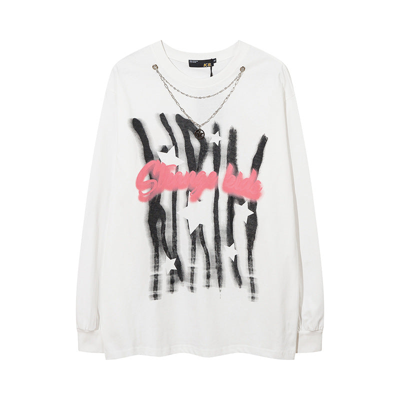 Vintage T Shirts Hip Hop Graffiti Letter Necklace Long Sleeve T-Shirt oversize