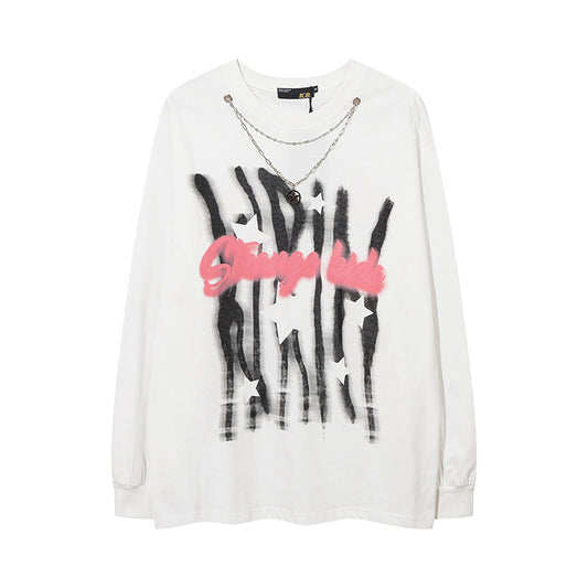 Vintage T Shirts Hip Hop Graffiti Letter Necklace Long Sleeve T-Shirt oversize