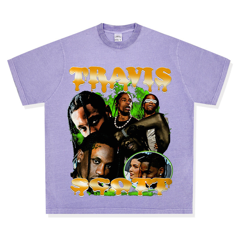 Streetwear masculino vintage hip hop Travis Scott Travis print short sleeve t-shirt