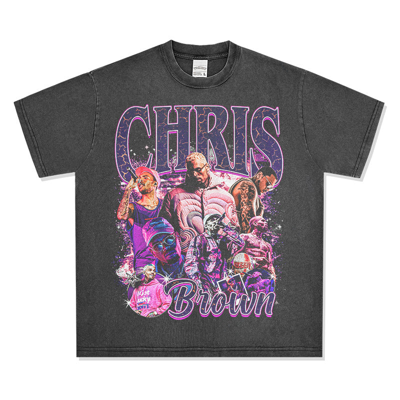 Streetwear masculino vintage hip hop chris brown print short sleeve t-shirt