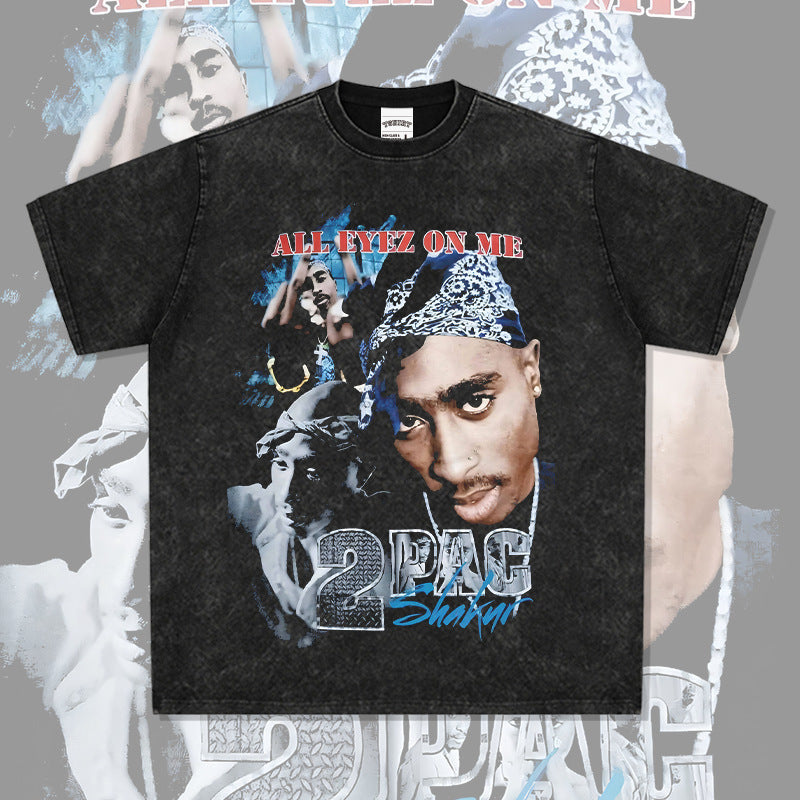 Streetwear masculino vintage hip hop rap tupac print short sleeve t-shirt