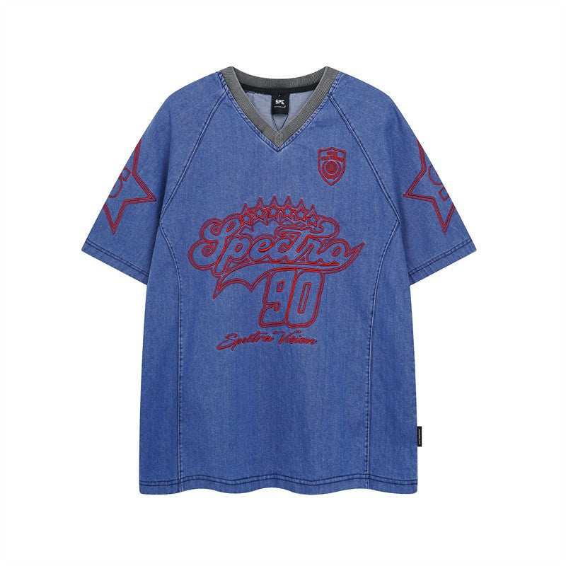 Y2K mens shirt washed tie-dye spray-painted retro V-neck men's short-sleeved T-shirt