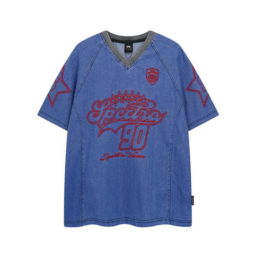 Y2K mens shirt washed tie-dye spray-painted retro V-neck men's short-sleeved T-shirt