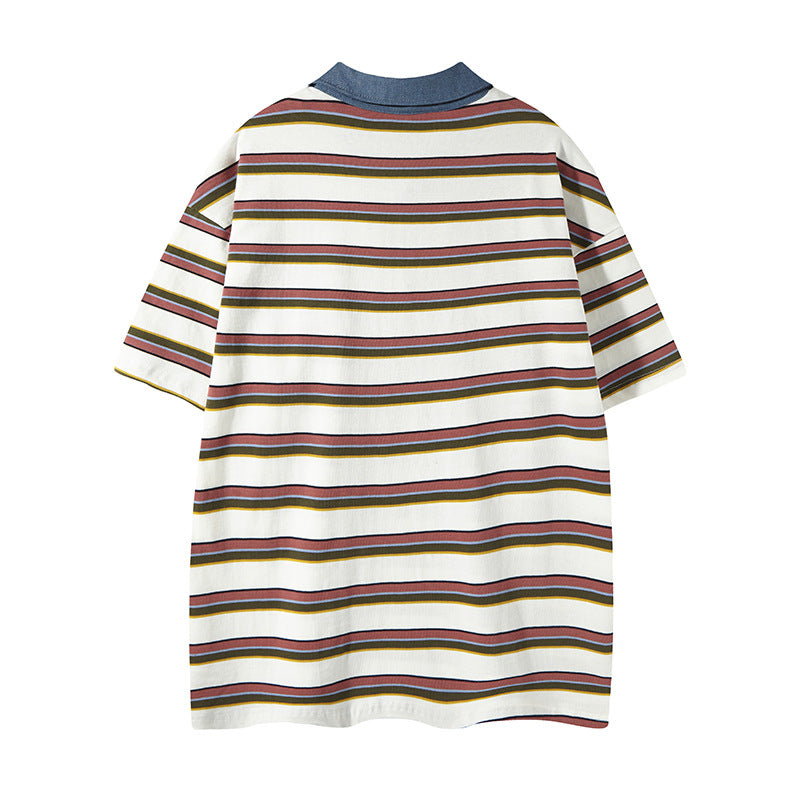 New York Hip Hop Style Vintage Striped Short Sleeve POLO Shirt Summer Alphabet Embroidered Lapel T-Shirt