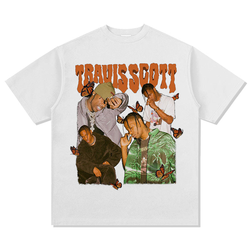 Streetwear masculino TRAVIS SCOTT Hip Hop, Loose, Printed Short Sleeve Vintage TEE