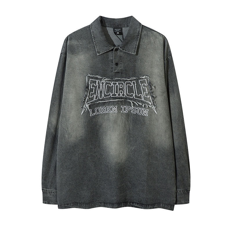 Marcas De Streetwear Denim Lapel POLO Shirt Loose Oversize Washed Long Sleeve T-Shirt