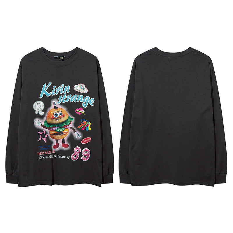 Vintage T Shirts Hip Hop Cartoon Printed Top Hip Hop Loose Oversize Long Sleeve T-Shirt