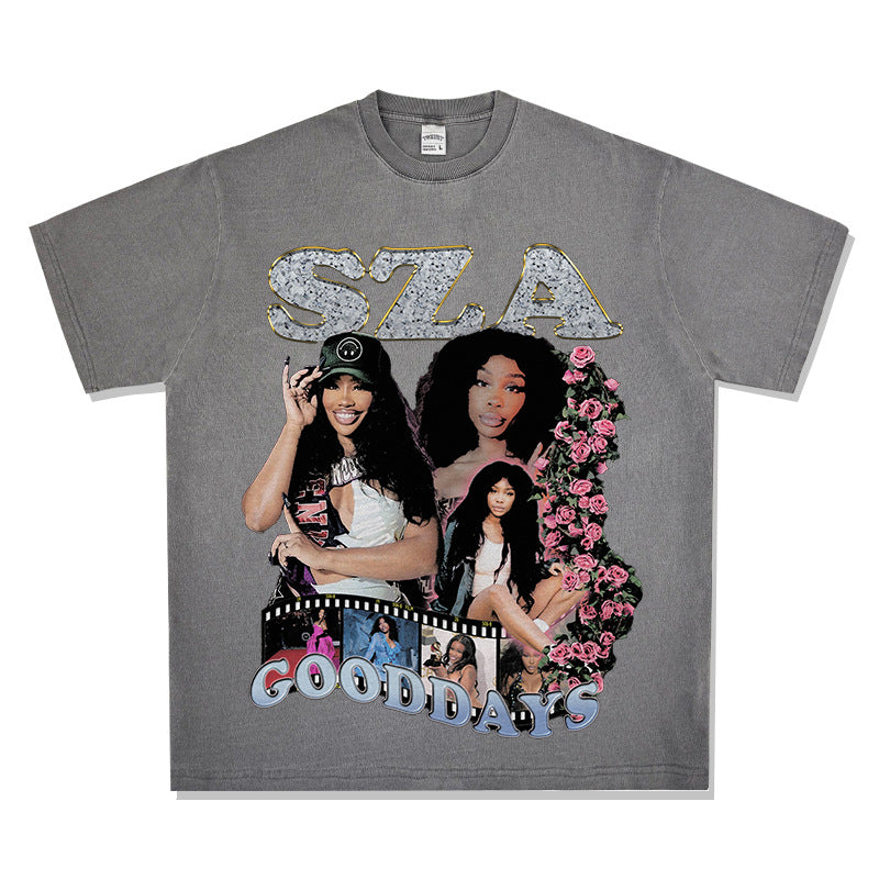 Streetwear masculino vintage rap SZA print short sleeve t-shirt oversize