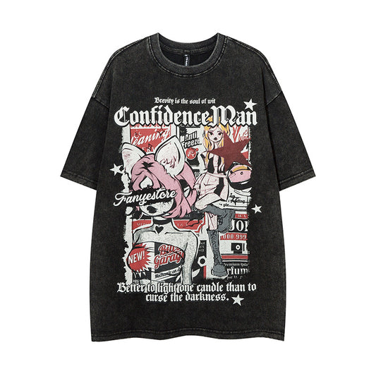 Vintage T Shirts Hip Hop Cartoon Anime Printing Washing Water Old Short Sleeve T-Shirt