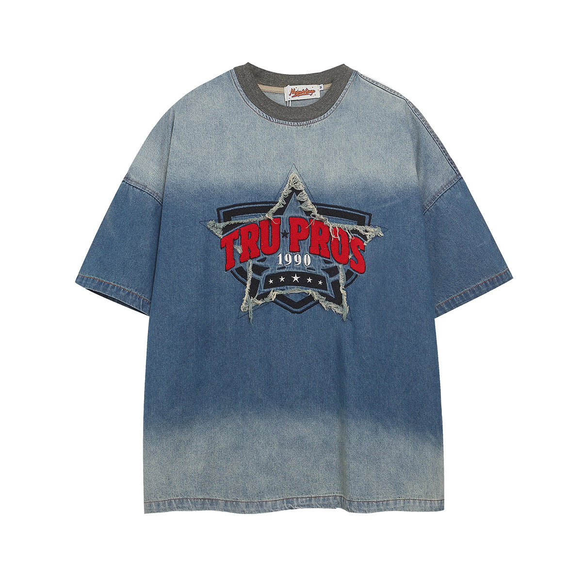 Hustle vintage embroidered washed denim short sleeve t-shirt