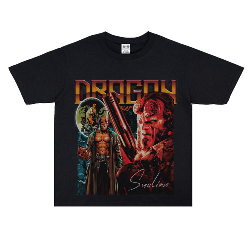 Film Star T Shirt Movie Hellboy Street Style Short Sleeve Loose American Print T-shirt Men and Women