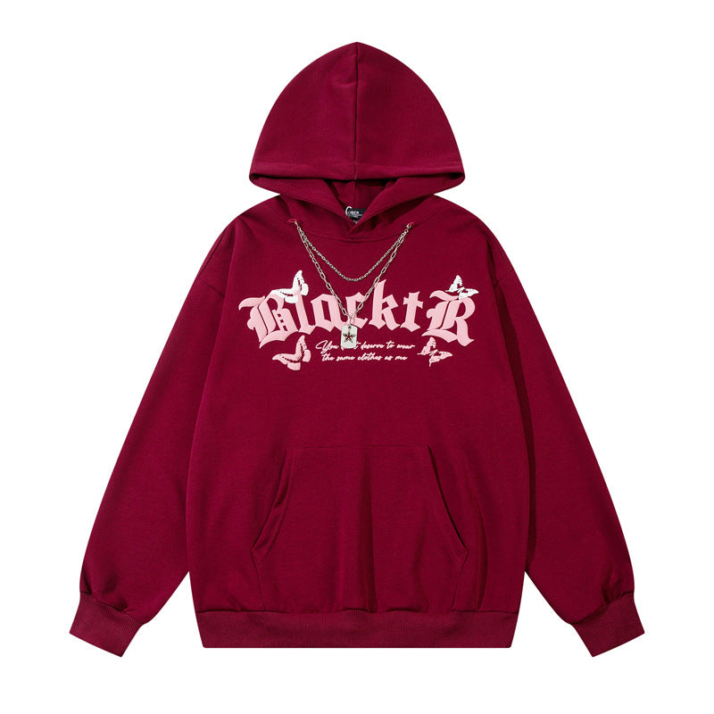 Streetwear Hoodie Butterfly Letter Foam Print Hooded Sweater Autumn Loose