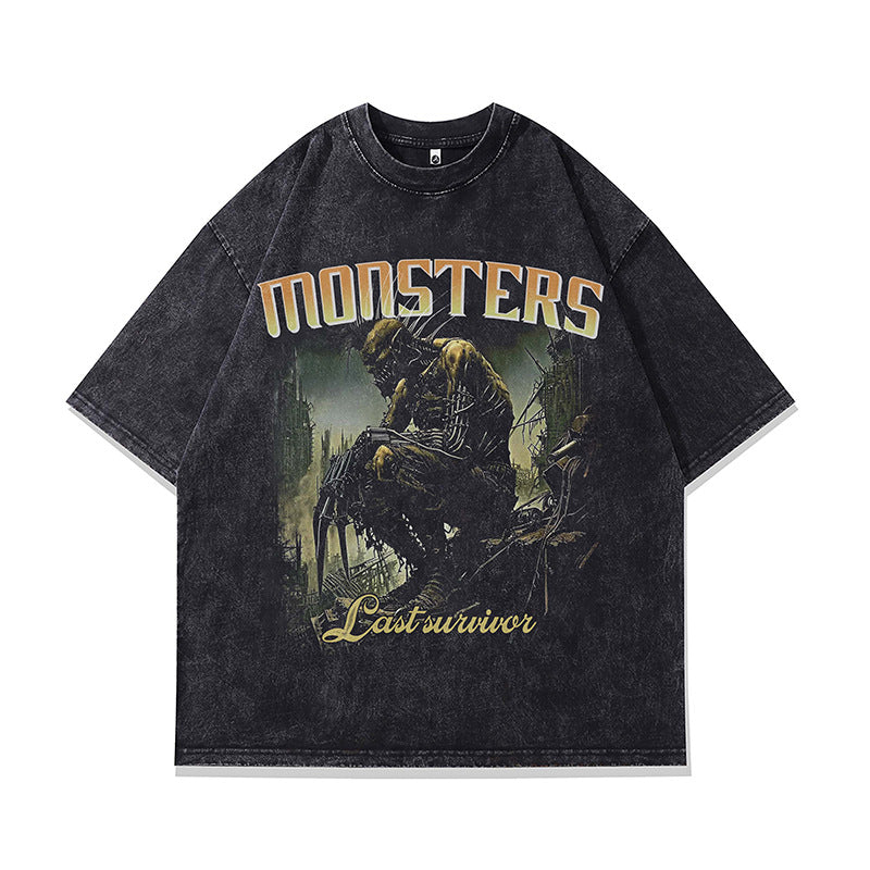 Ropa Vintage Hombre Devil Print Old Washed Vintage Loose Short Sleeve T-Shirt