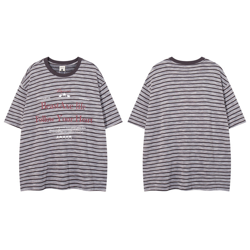 Casual Street Wear Black and White Striped Short Sleeve T-Shirt Cleanfit
