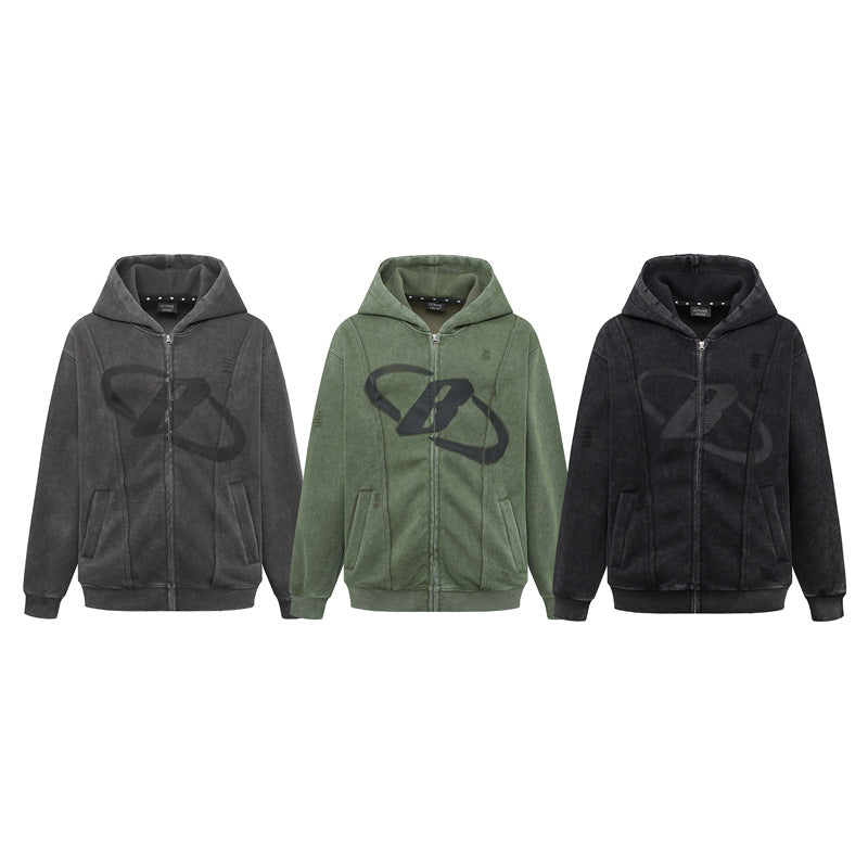 Streetwear Hoodie Hip Hop Vintage Washed Old Hooded Sweater Zip Cardigan Jacket