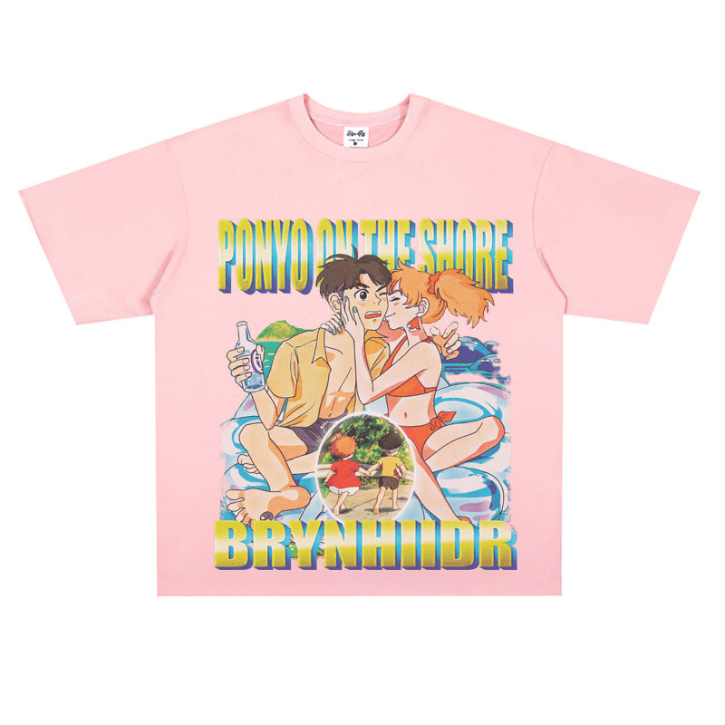 Film Star T Shirt Japanese Cartoons Animation Ponyo on the Cliff by the Sea Movie Loose Heavy Street Cotton T-shirt
