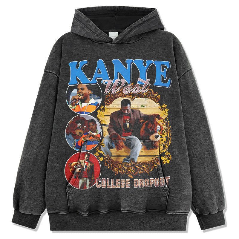 Marcas streetwear usa hip hop kanye print washed hooded sweater