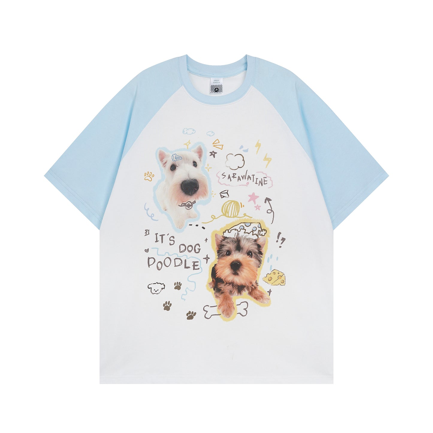USA Vintage T-Shirt Vintage Cute Puppy Printed Men's and Women's Summer Loose Contrast Colors Ragged Sleeves