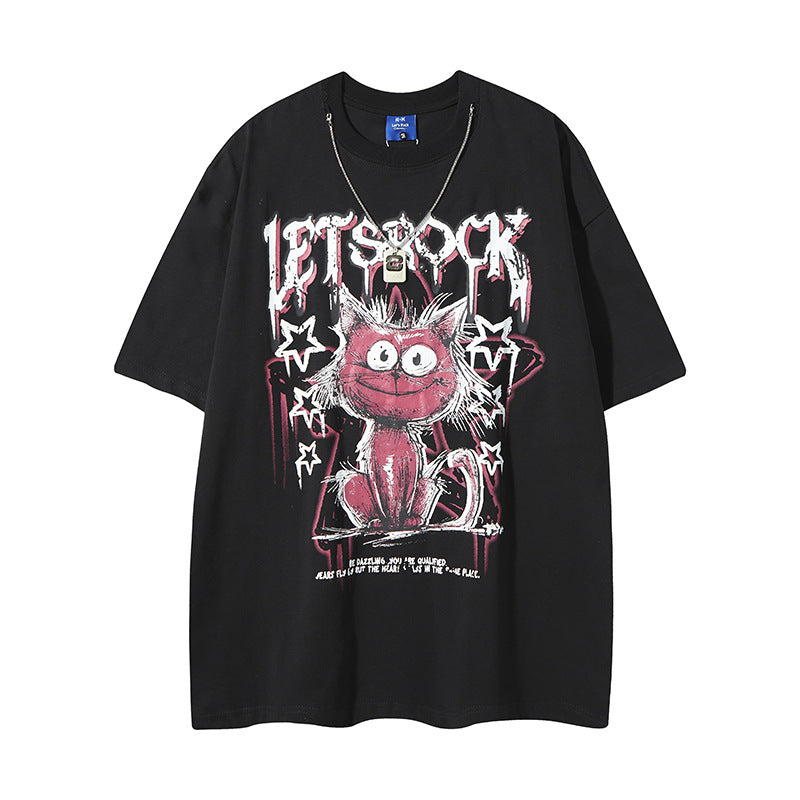 Nyc T-Shirt Cat Graffiti Letter Strap Necklace Short Sleeve T-Shirt Hip Hop Loose T-Shirt