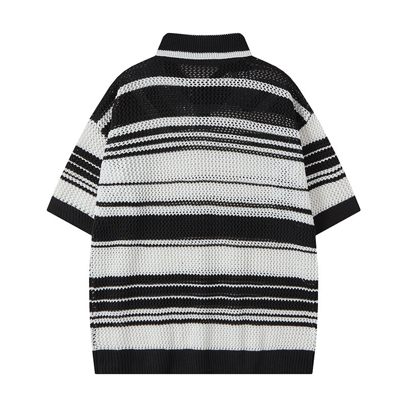 Nyc 1990 Shirt Casual Loose Knitted Sweater POLO Neck Lapel Hollow Stripe