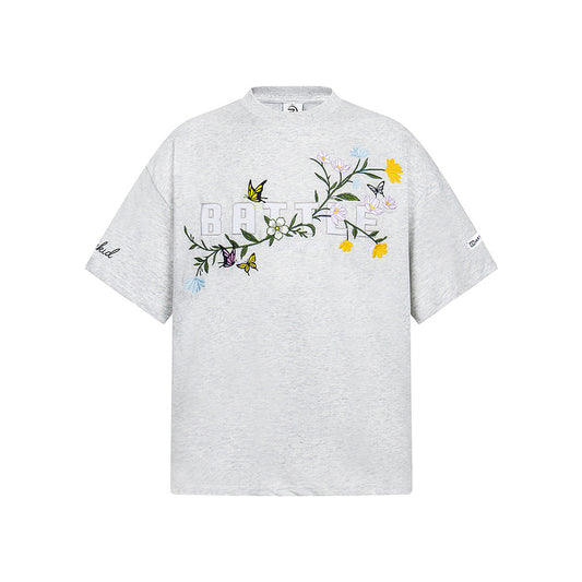 Hip hop shirt vintage plant flower embroidered crew neck t-shirt