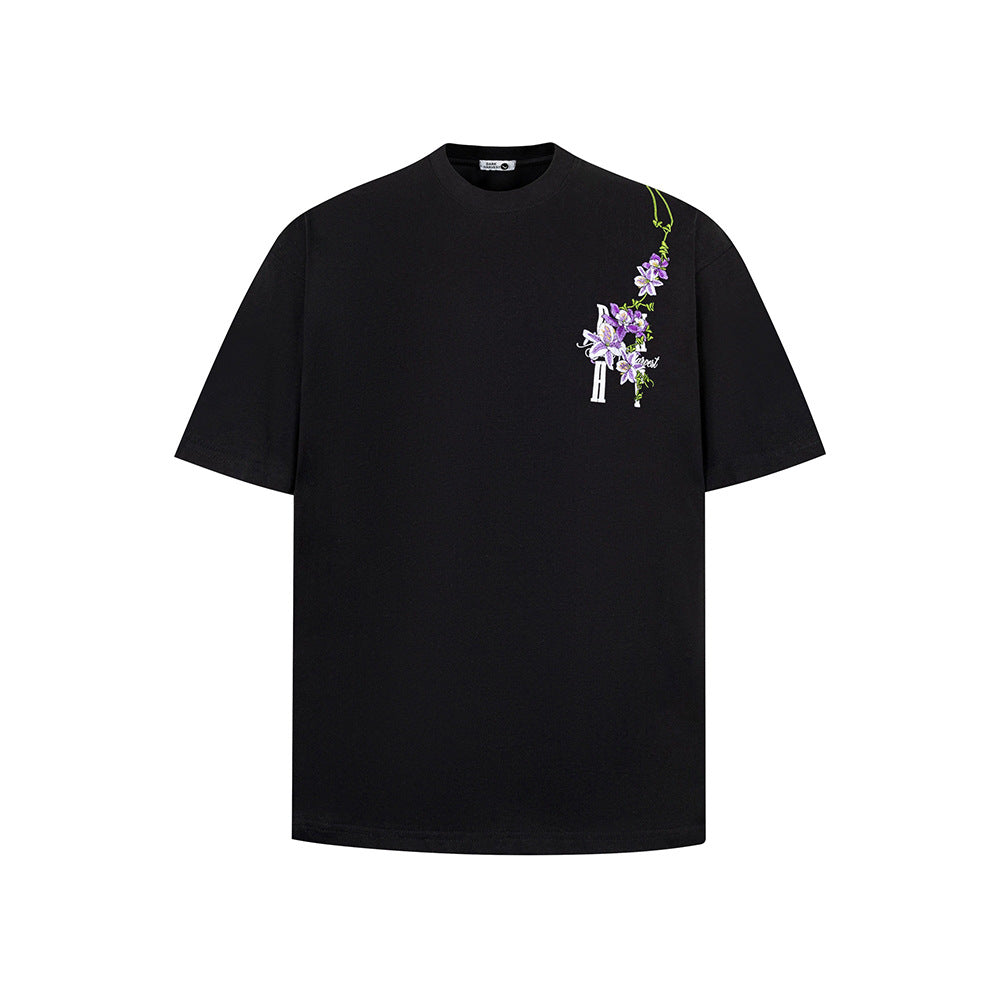 Hip Hop Clothes New York Vintage Floral Embroidery Short Sleeve T-Shirt
