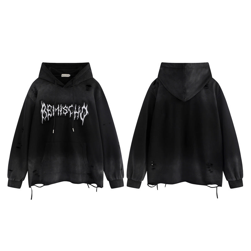 Streetwear Hoodie embroidery gradual change color hooded sweater vintage washed do old ripped hoodie