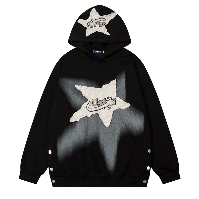 Streetwear Hoodie gradual change print pentagram patch embroidered hooded sweater