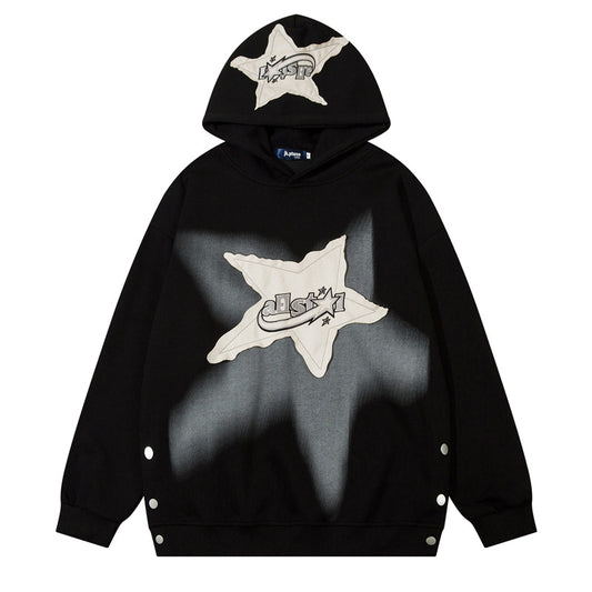 Streetwear Hoodie gradual change print pentagram patch embroidered hooded sweater
