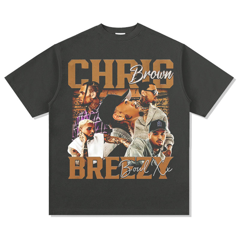 Streetwear masculino vintage hip hop Chris Brown print short-sleeved t-shirt