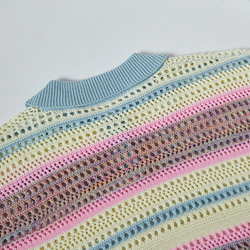 Camisas Retros retro stripes gradual change color spring and summer hollow knit sweater