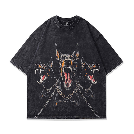 Ropa Vintage Hombre Doberman Printed Washed Old Short Sleeve T-Shirt