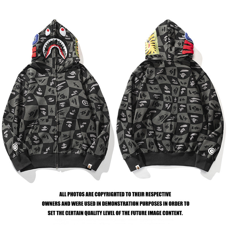 Ape Hoodie Autumn and Winter Ape Shaped Checkered Shark Cardigan Zipper Sweater Jacket