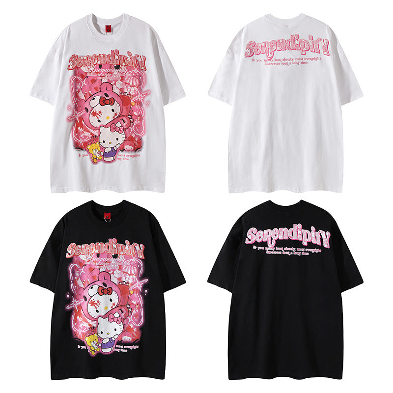 Nyc 1990 Shirt Summer Cartoon Printed Kitten Crew Neck T-Shirt