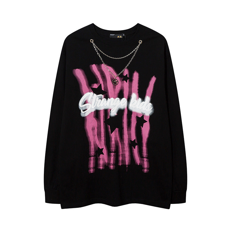 Vintage T Shirts Hip Hop Graffiti Letter Necklace Long Sleeve T-Shirt oversize