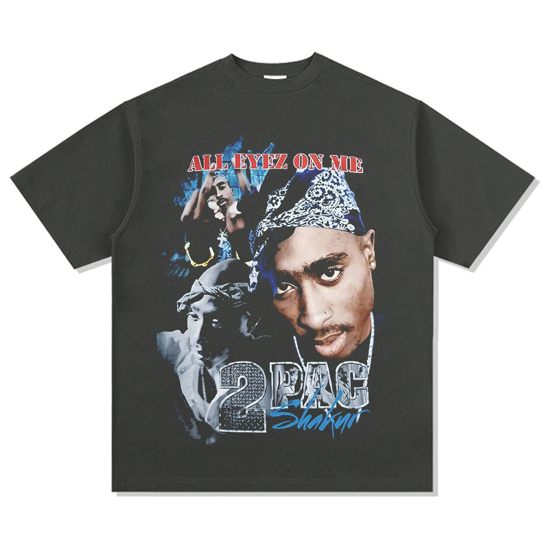 Streetwear masculino vintage hip hop rap tupac print short sleeve t-shirt