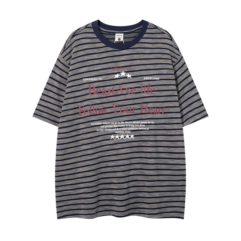 Casual Street Wear Black and White Striped Short Sleeve T-Shirt Cleanfit