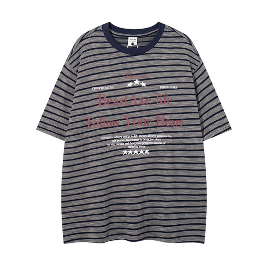Casual Street Wear Black and White Striped Short Sleeve T-Shirt Cleanfit