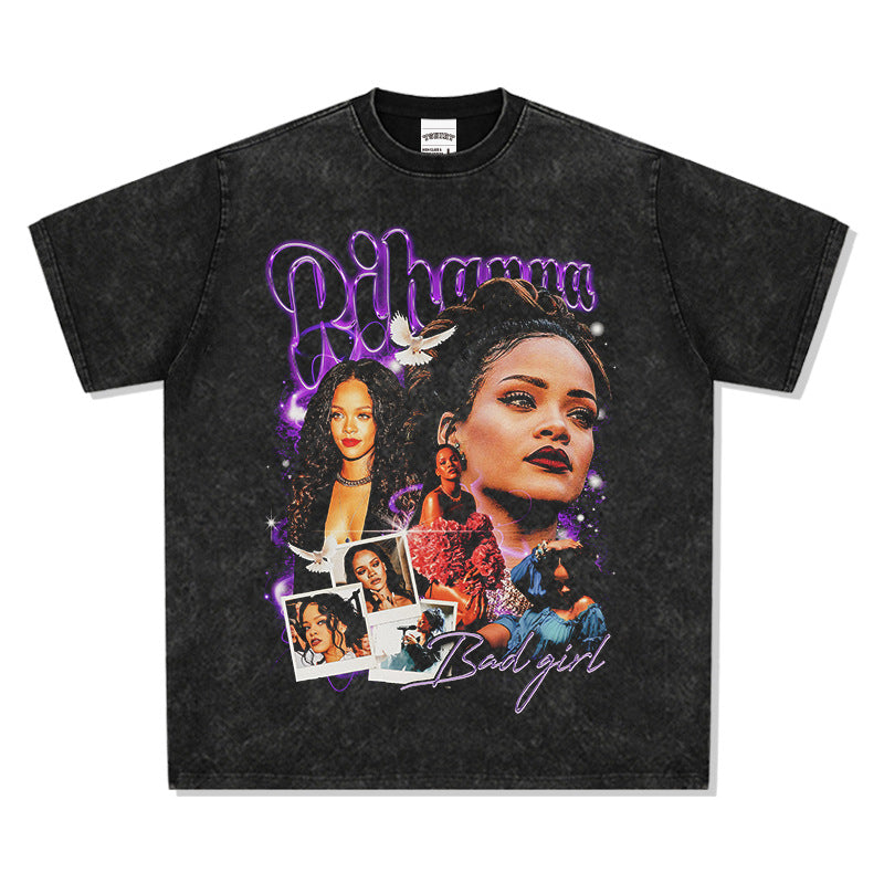 Streetwear masculino hip hop vintage Rihanna print short sleeve t-shirt VINTAGE