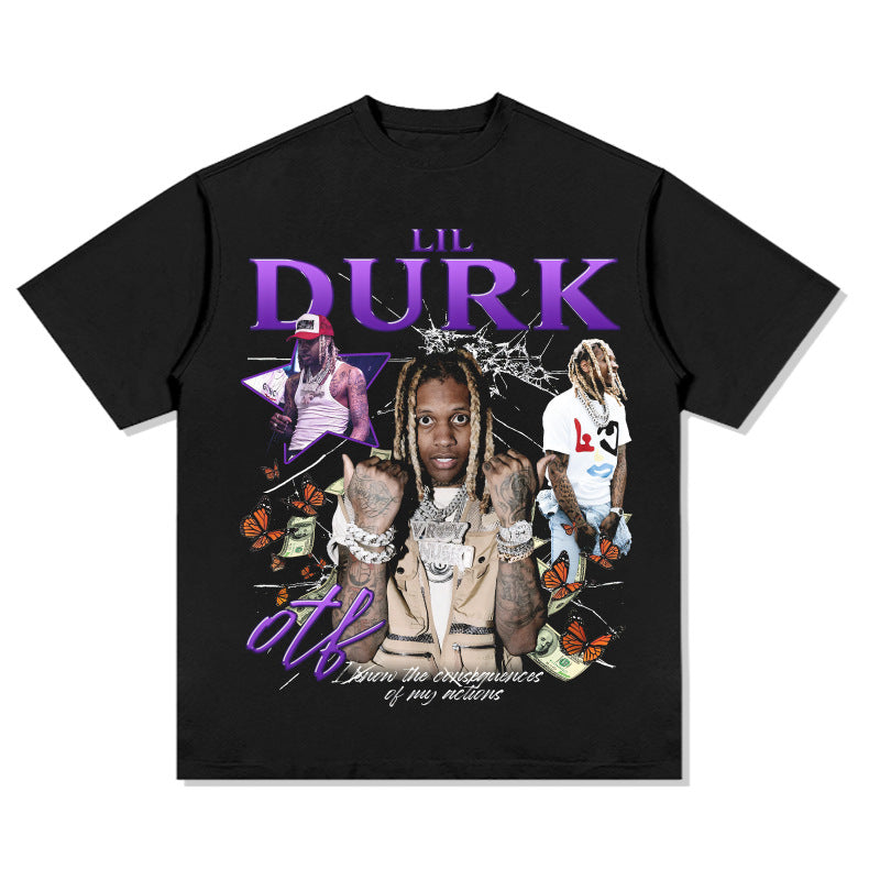 Streetwear masculino vintage hip hop lil durk print short sleeve t-shirt vintage