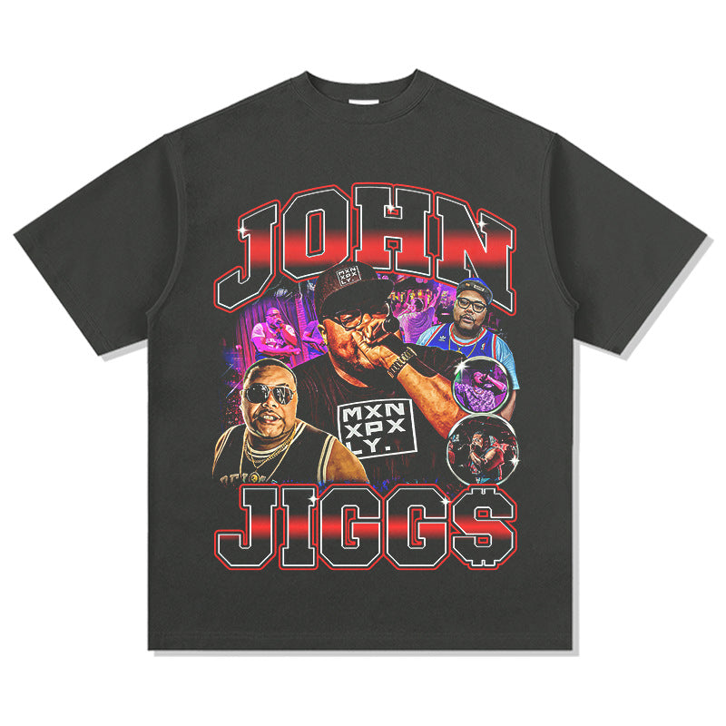 Outfit streetwear vintage hip hop johnjigg gills band print short sleeve t-shirt