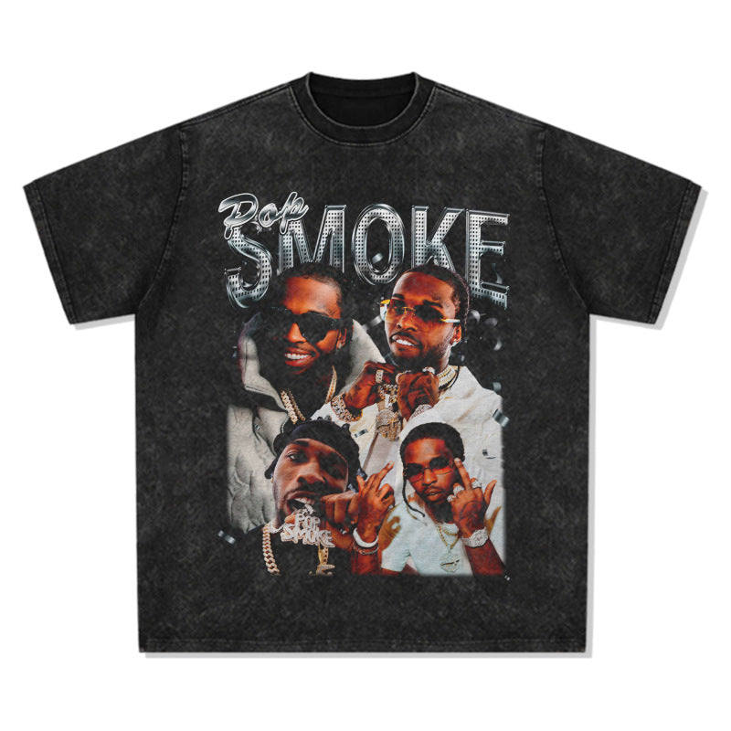 Cool t rapper Vintage Hip Hop Pop Smoke Printed Short Sleeve T-Shirt Washed Casual Loose Crew Neck