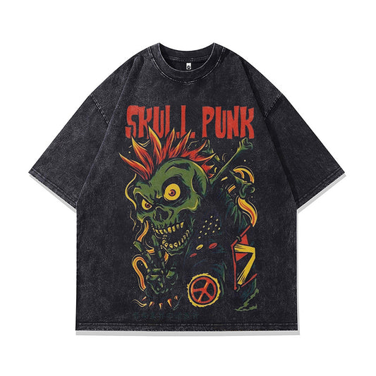 Ropa Vintage Hombre Skull Print Wash Water Crew Neck Short Sleeve T-Shirt