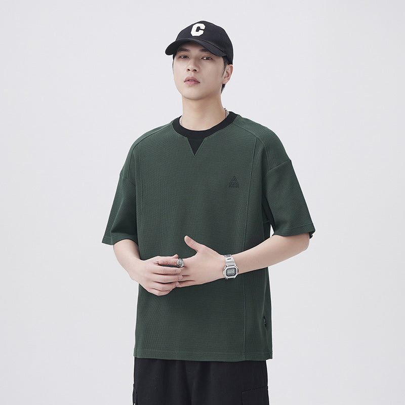 Men T-shirts Fake two-piece splicing short-sleeved top Summer loose