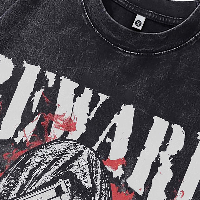 Ropa Vintage Hombre Skull Print Washed Old Short Sleeve T-Shirt