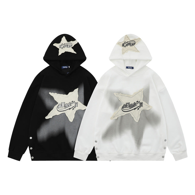 Streetwear Hoodie gradual change print pentagram patch embroidered hooded sweater