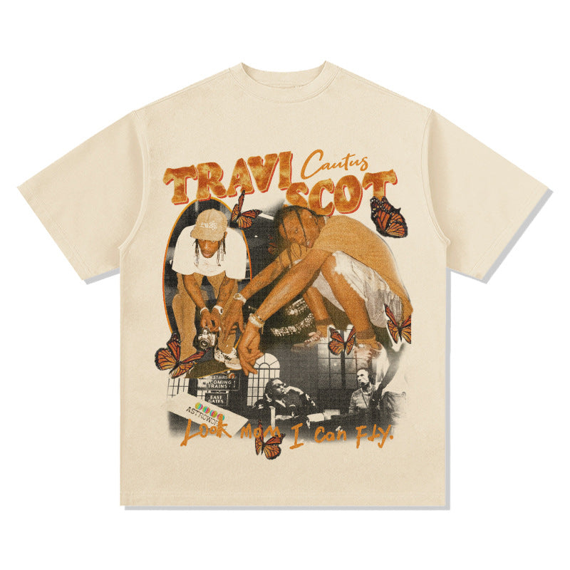 New york hip hop shop BC hip hop rap Travis Scott TS print short sleeve washed old t-shirt