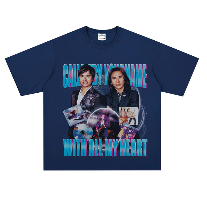 Film Star T Shirt Medium Loose Heavy Weight Retro Street Cotton T-shirt Men and Women