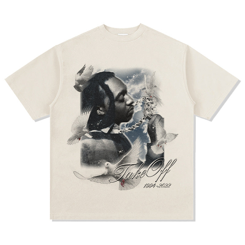 Cool t rapper rap takeoff print hip hop short sleeve retro wash do old t-shirt